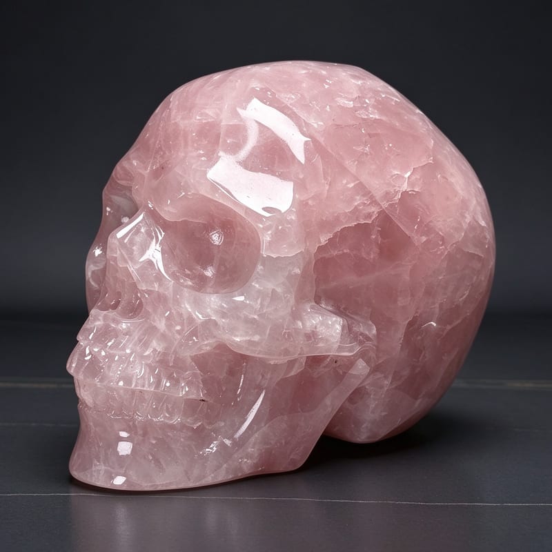 7.1″ Hand Carved Natural Rose Quartz Crystal Skull — Rose Quartz carved skull by CRYSKULL