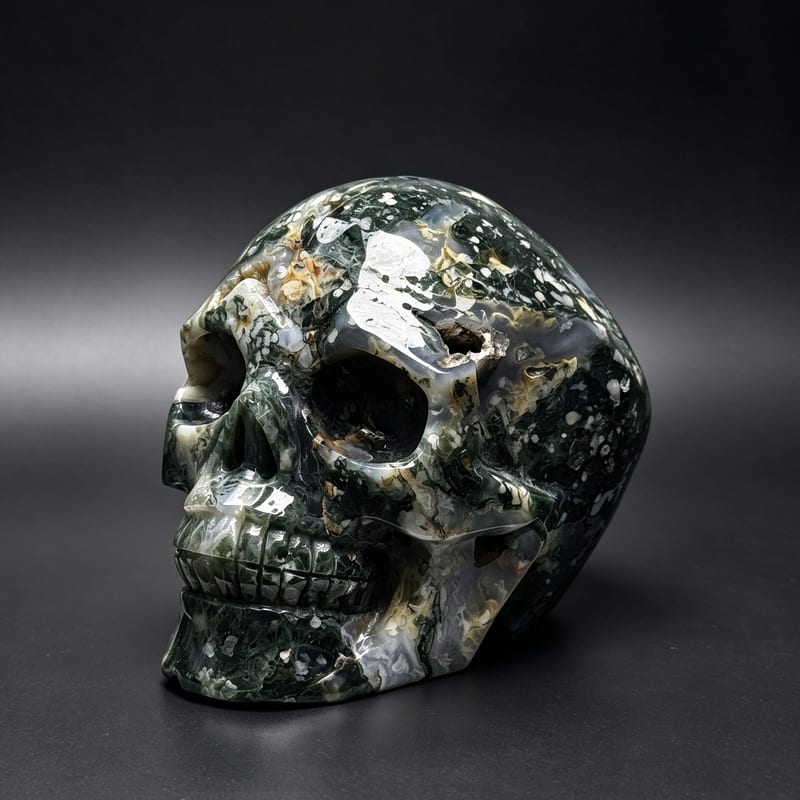 4.6″ Hand Carved Natural Moss Agate Crystal Skull — Moss Agate carved skull by CRYSKULL
