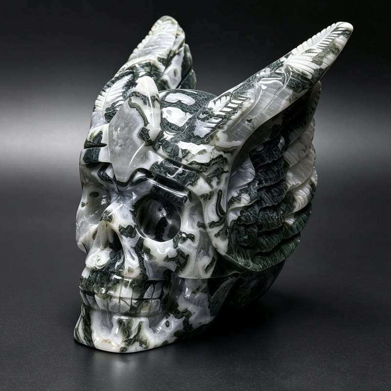 4.3″ Hand Carved Natural Winged Moss Agate Crystal Skull — Moss Agate carved skull by CRYSKULL