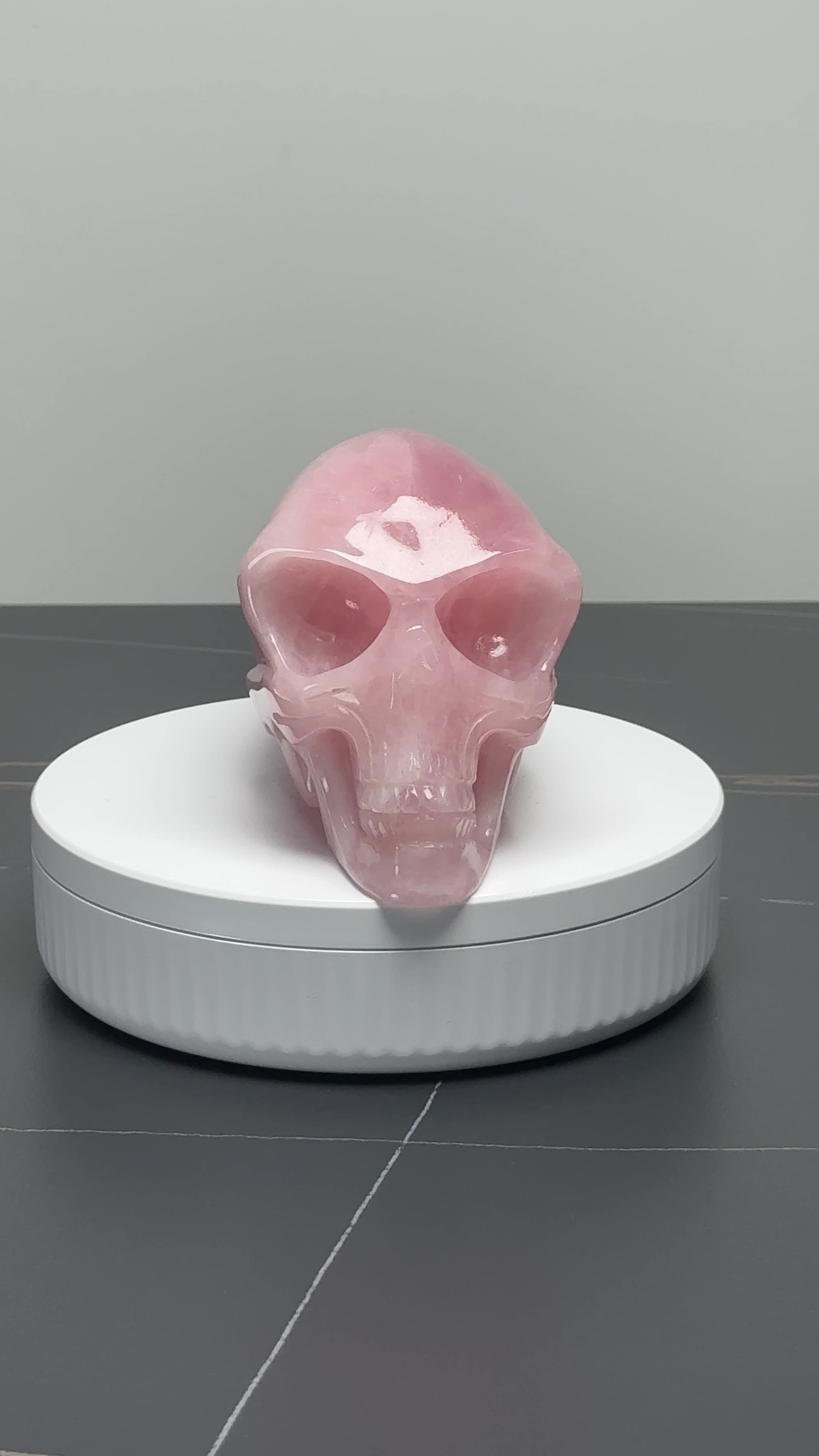 6.2″ Hand Carved Natural Rose Quartz Alien Skull — Rose Quartz carved skull by CRYSKULL