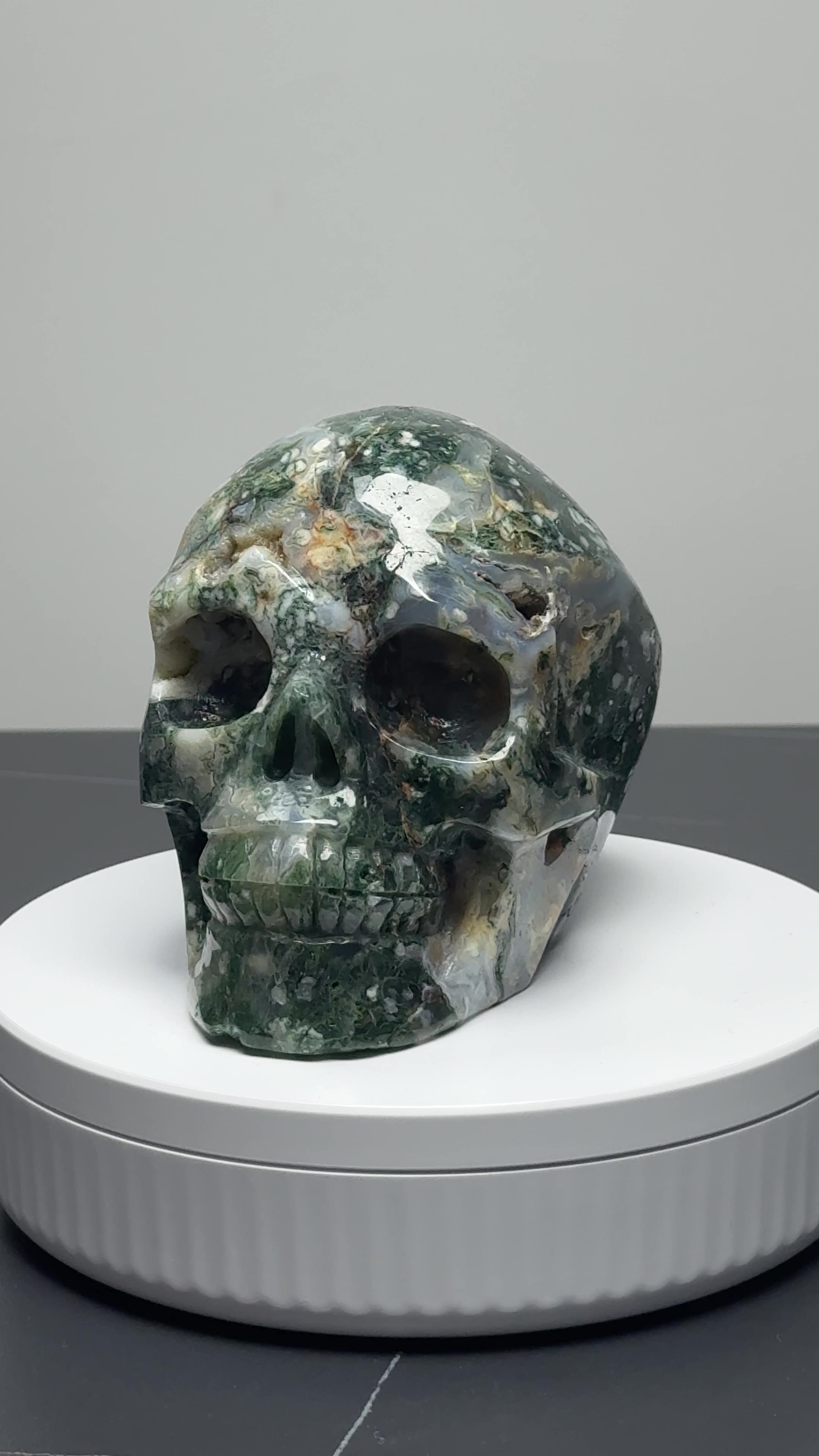 4.6″ Hand Carved Natural Moss Agate Crystal Skull — Moss Agate carved skull by CRYSKULL