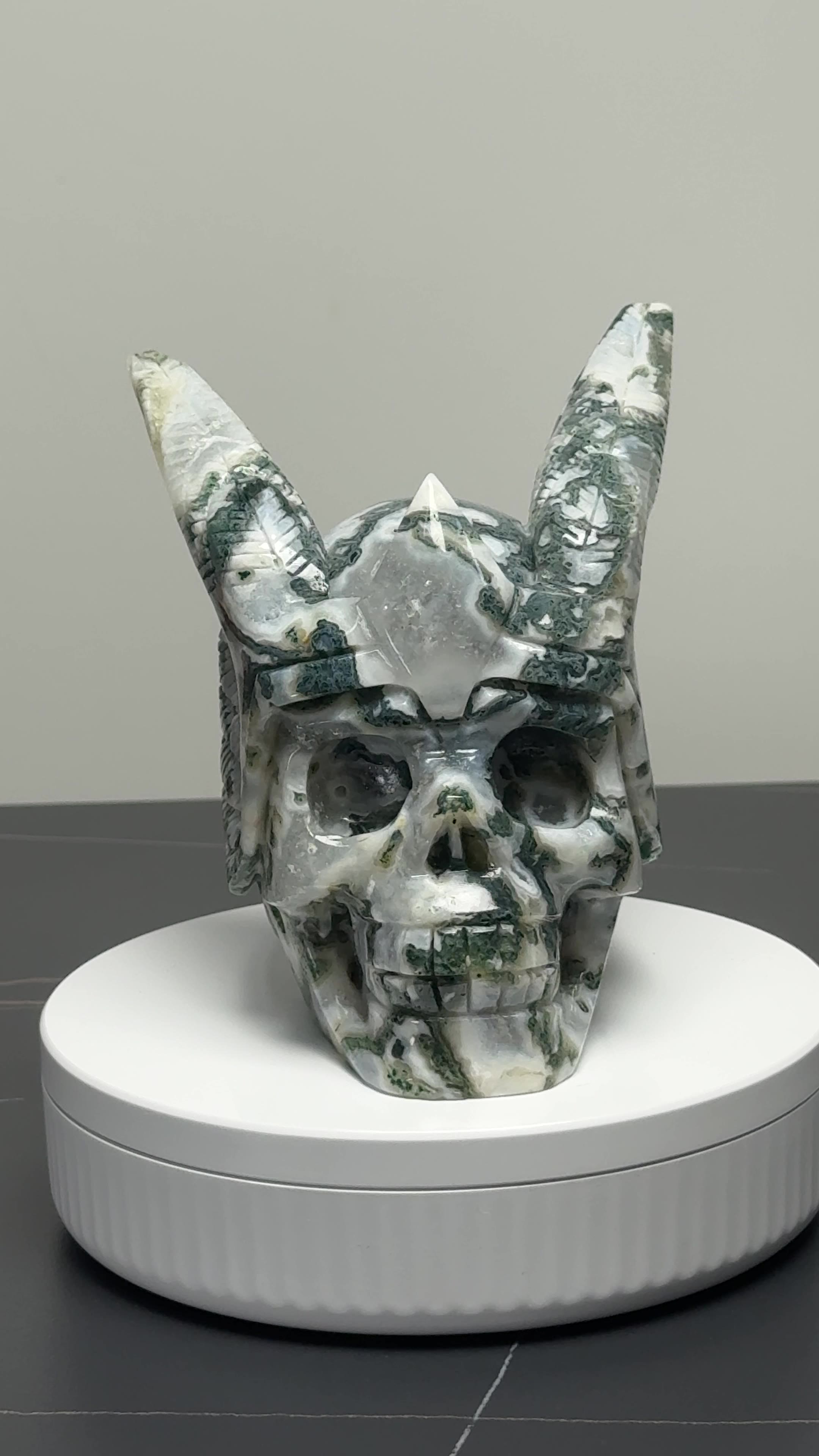 4.3″ Hand Carved Natural Winged Moss Agate Crystal Skull — Moss Agate carved skull by CRYSKULL